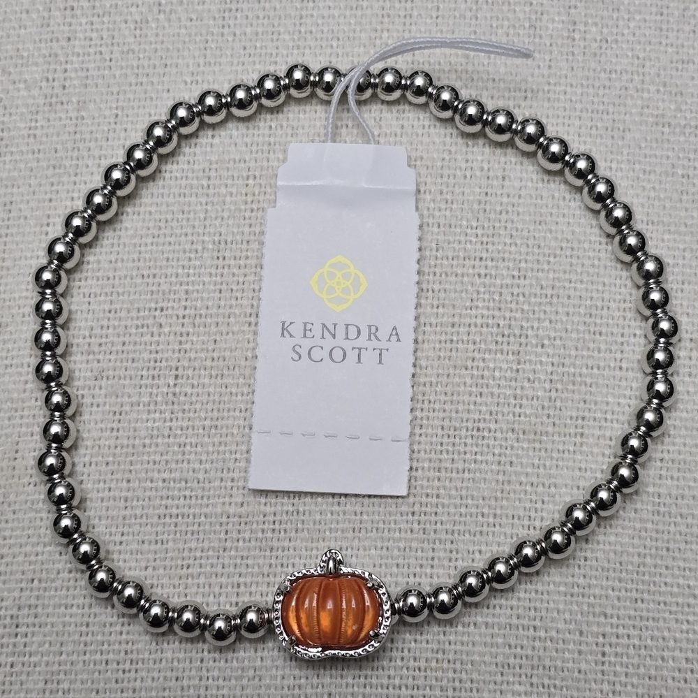Kendra Scott Pumpkin Silver Stretch Bracelet In Orange Mother Of Pearl